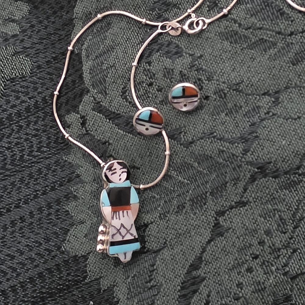 Vintage Stirling Silver Zuni Necklace And Earrings